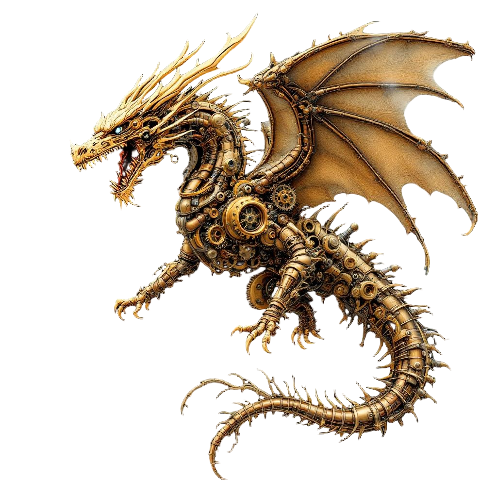 A fully mechanical dragon made of brass gears and copper pipes, steam-powered fl