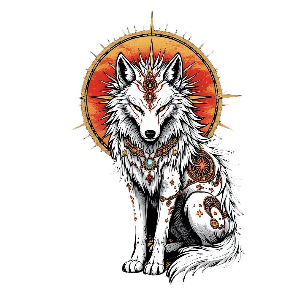 Amaterasu as a divine white wolf with celestial markings, sun disc on back, Okam