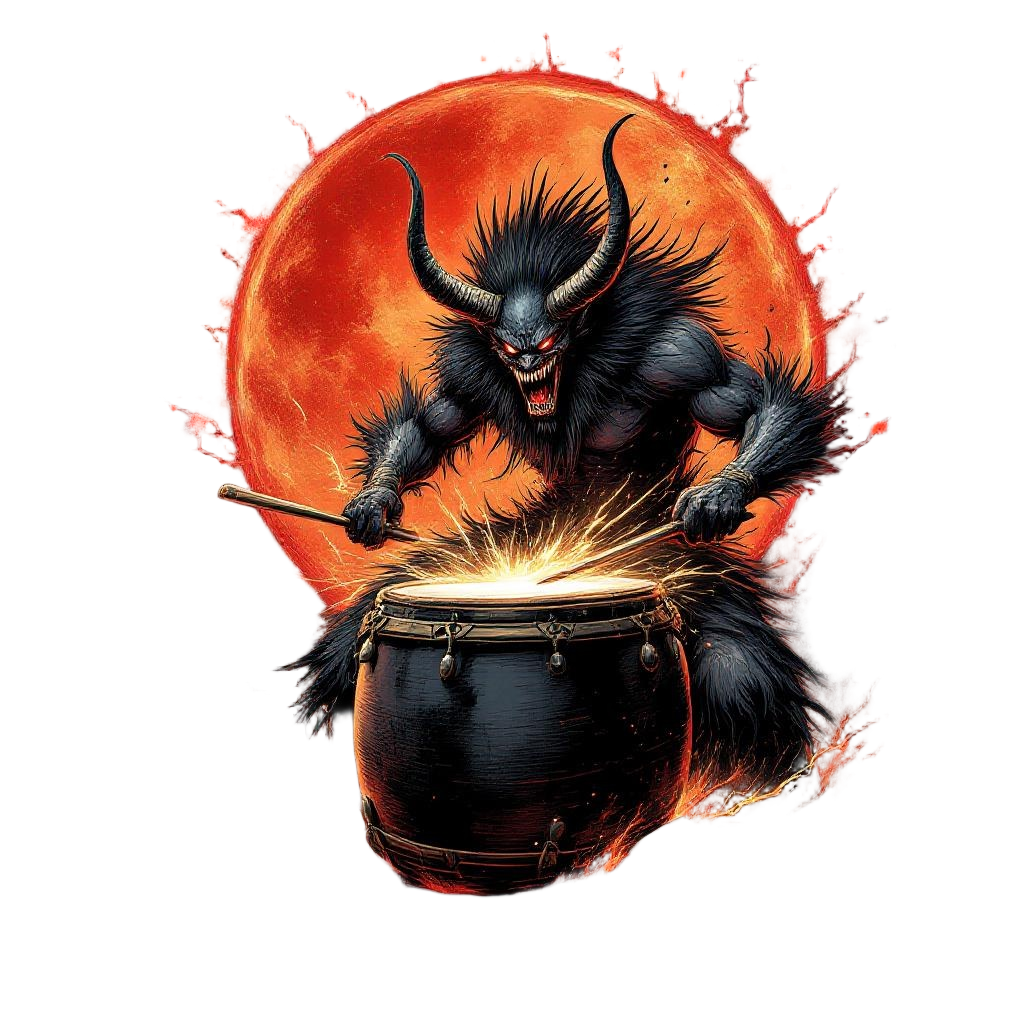 A massive Oni demon playing taiko drums with thunderous energy, each beat creati