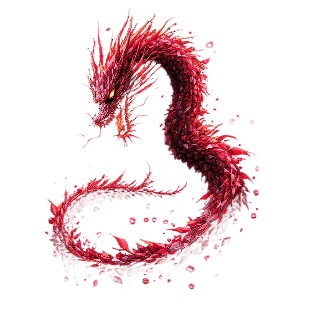 A dragon made entirely of ruby gemstone breathing fire that creates more rubies,