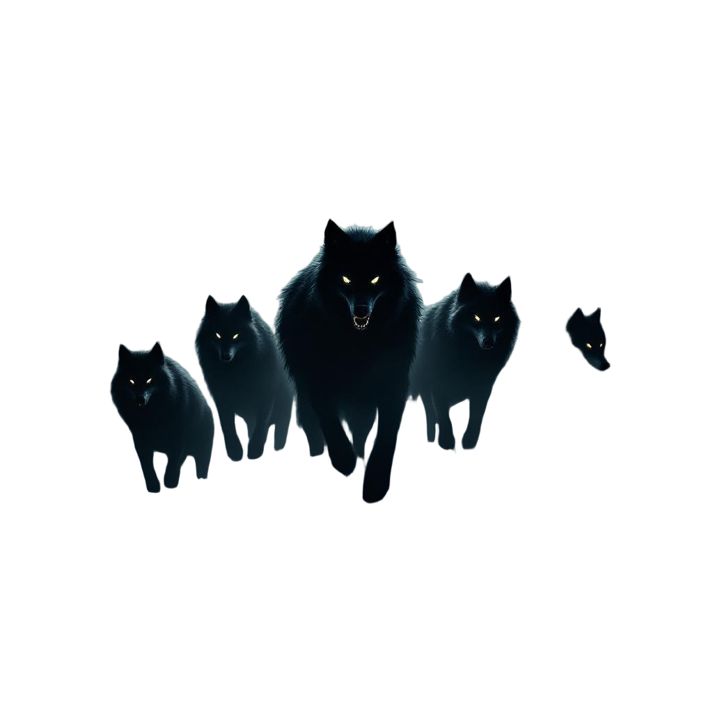 A pack of shadow wolves hunting through moonlit mist, only their glowing eyes an