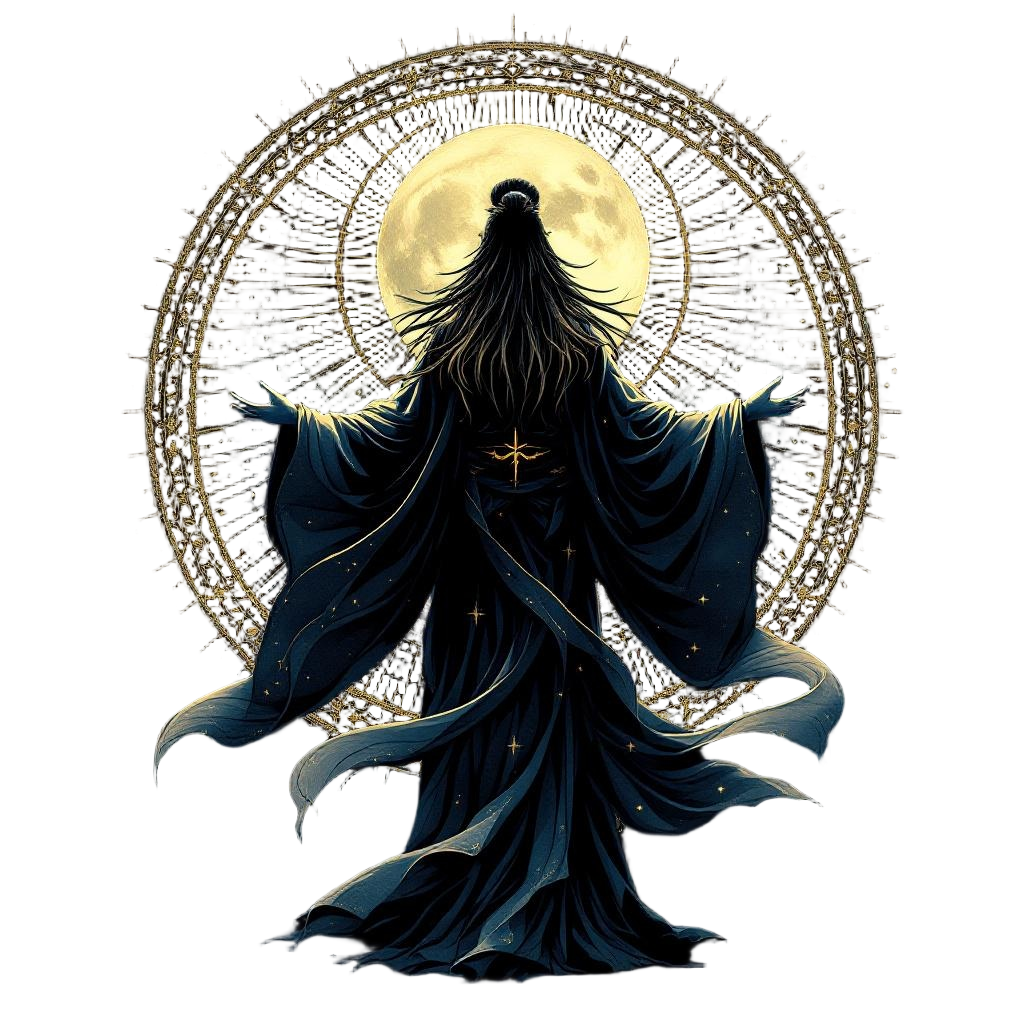 Tsukuyomi the Japanese moon god in elegant robes, lunar energy radiating, divine