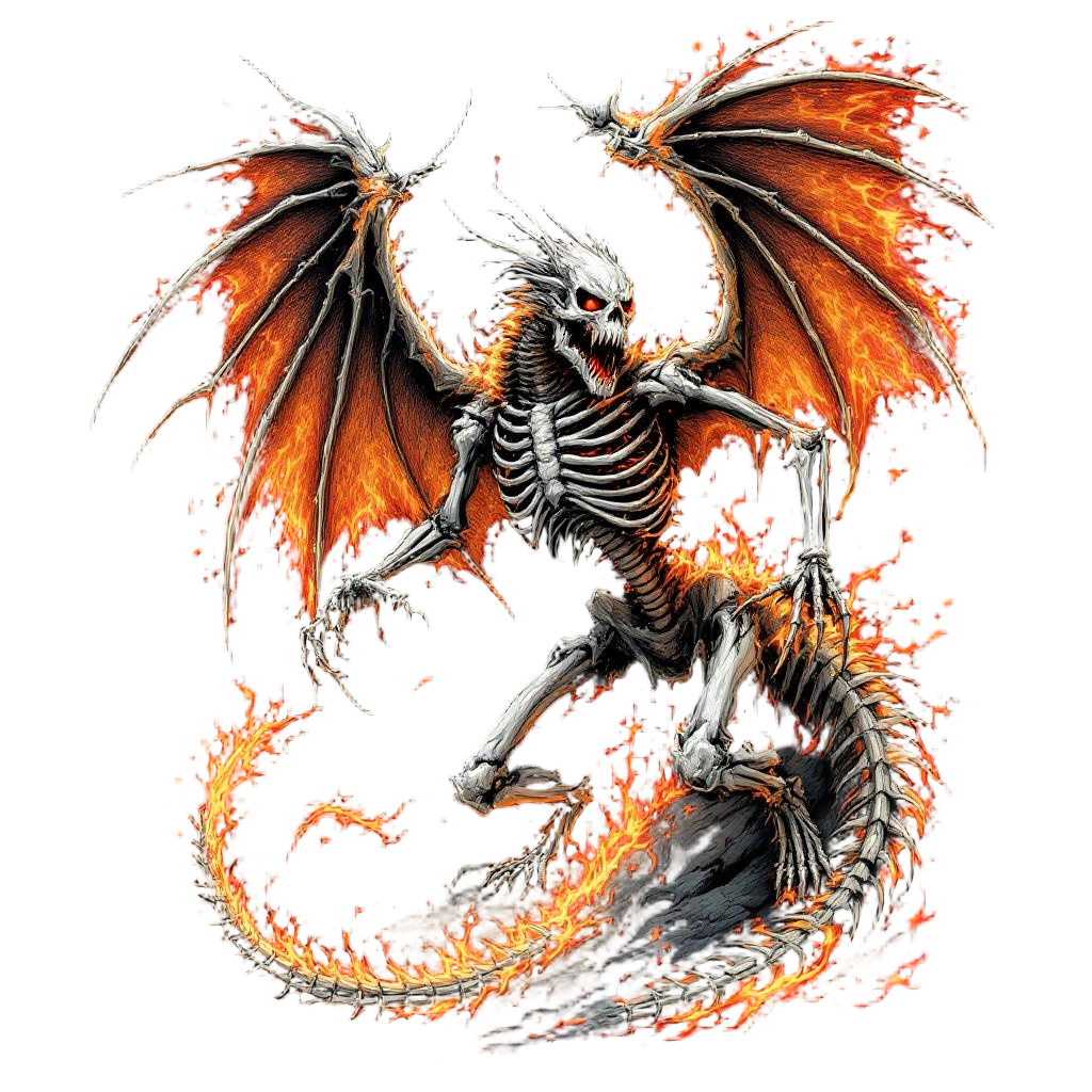 A dragon skeleton reanimated with spectral fire, bone wings and ghostly flames, 