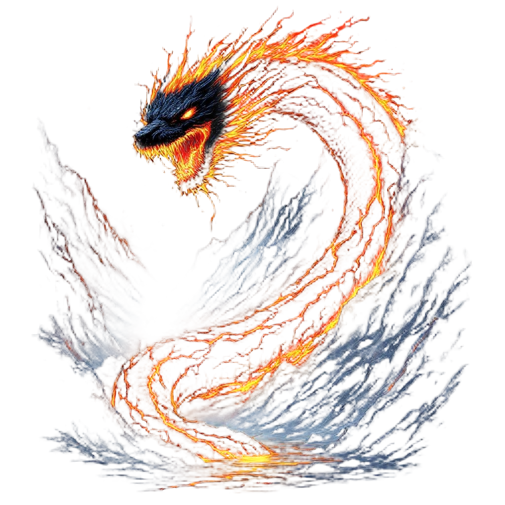 A massive serpent made of flowing lava, slithering down a volcanic mountainside,