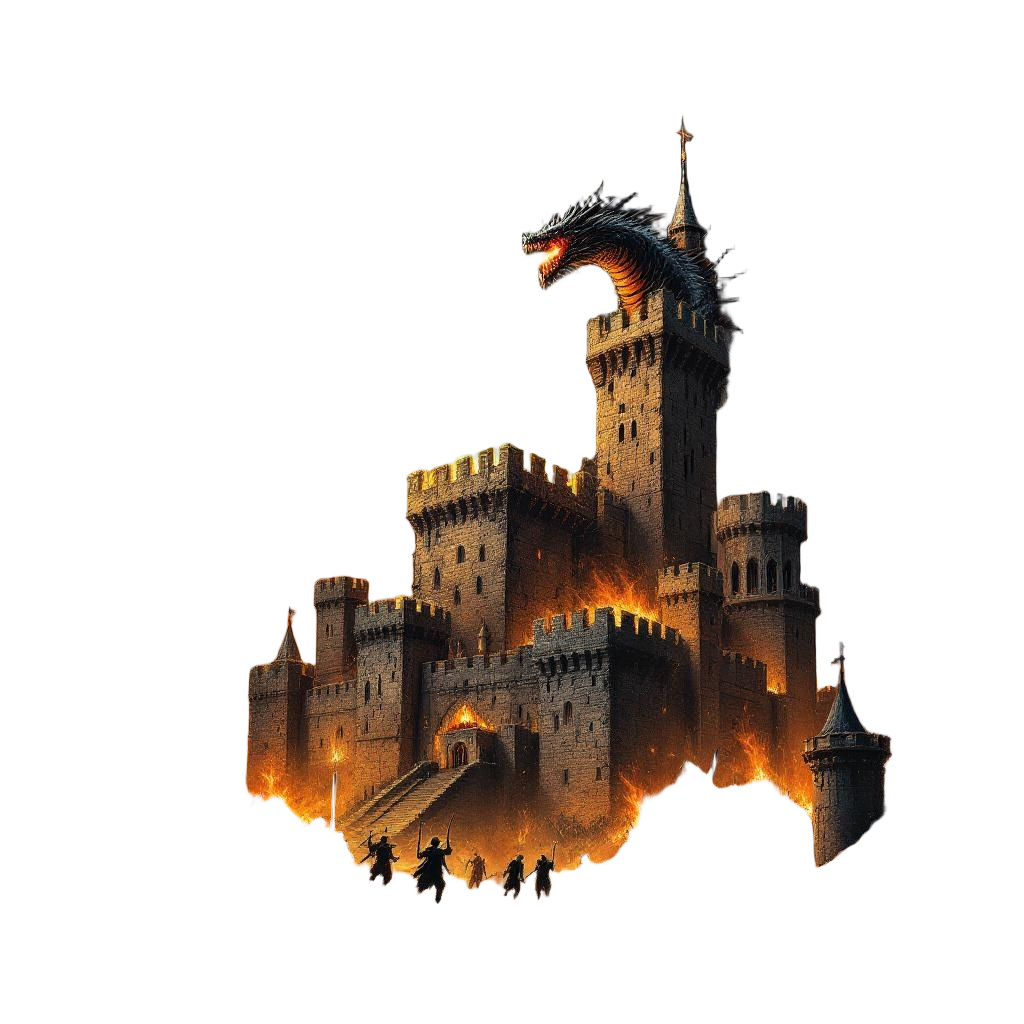 A war dragon breathing fire on a medieval castle siege, soldiers and catapults b