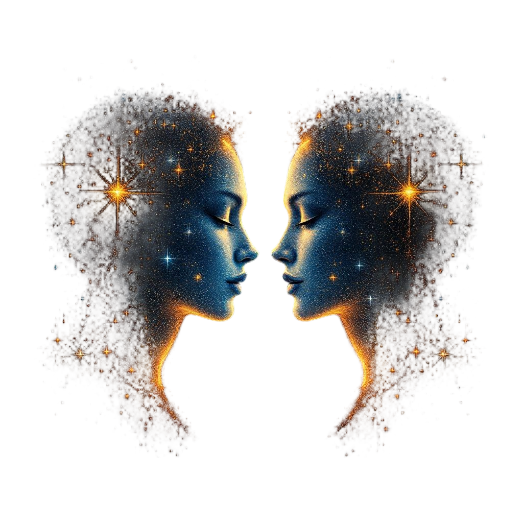 Gemini twin figures made of stars and cosmic energy, mirror images, celestial du