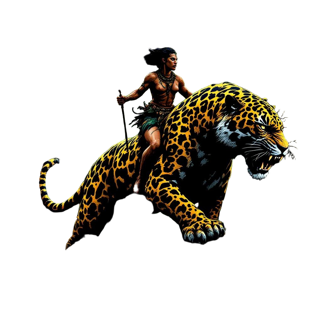 An Amazonian warrior riding a giant jaguar through the rainforest, tribal paint,