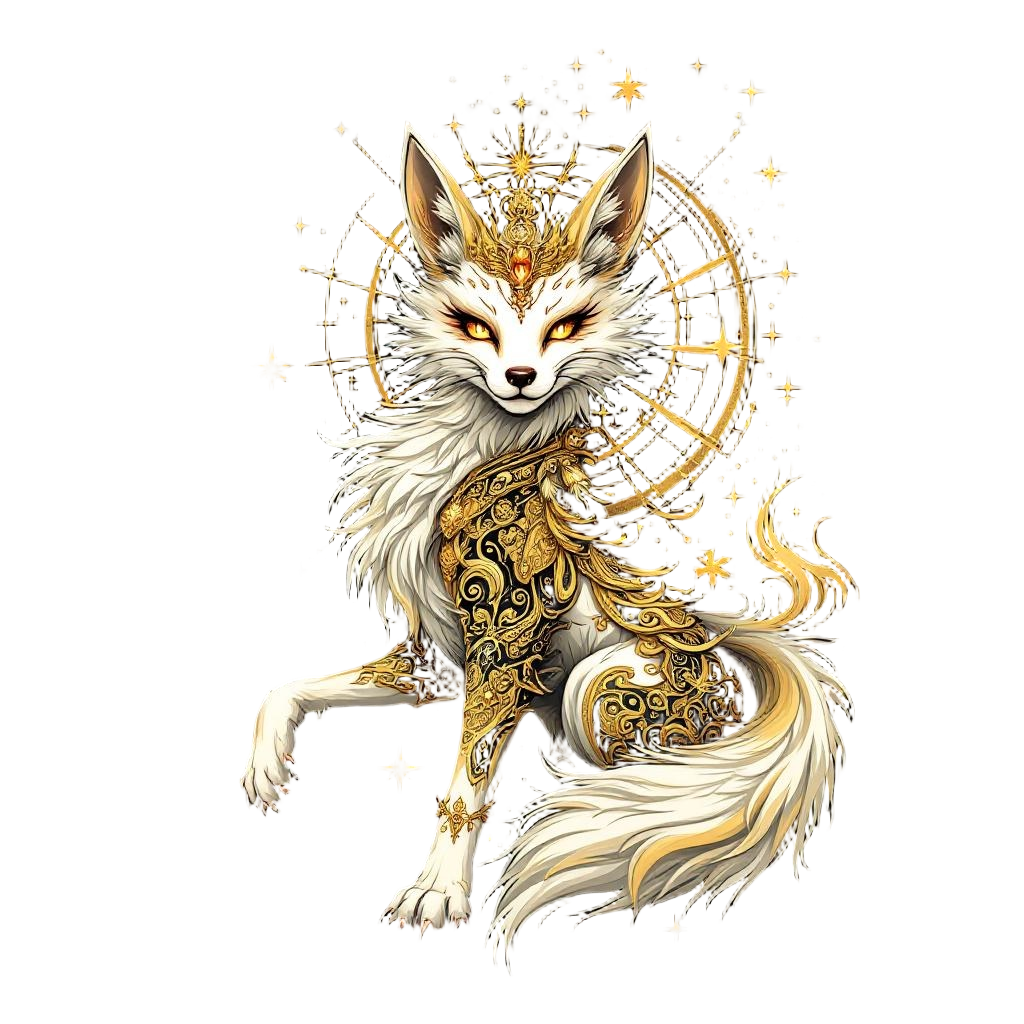 A Celestial Nine-tailed Fox in Gold and White