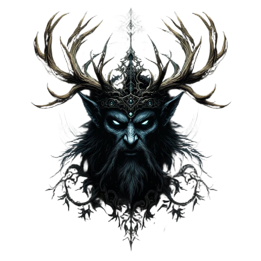 A dark druid with a crown of massive antlers, dark forest magic, corrupted natur