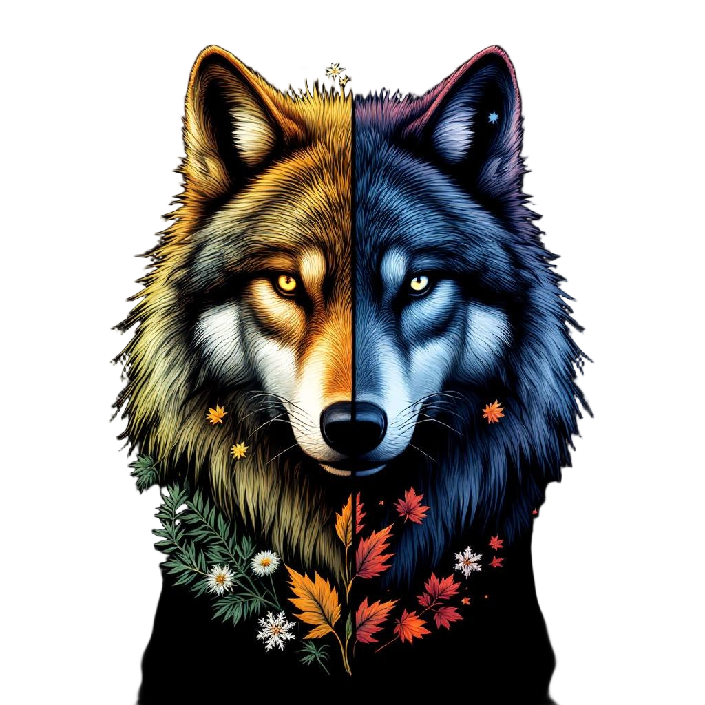 A wolf split into four quadrants each representing a season — spring flowers, su