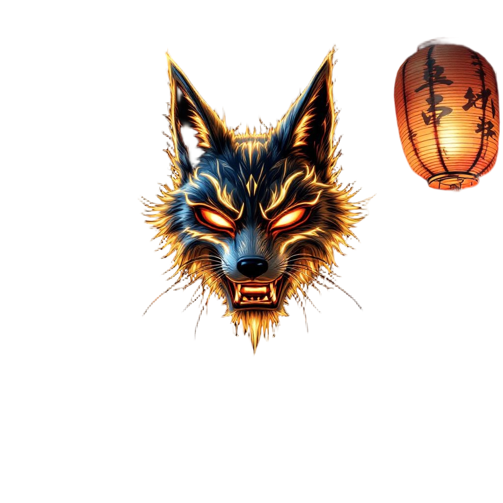 A glowing kitsune fox mask floating among paper lanterns at a Japanese festival,
