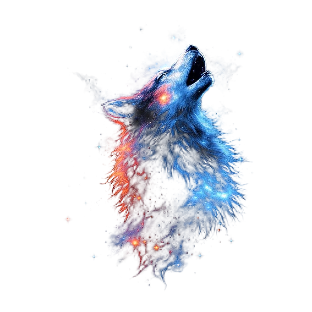 A wolf howling with a galaxy nebula forming from its howl, cosmic energy release
