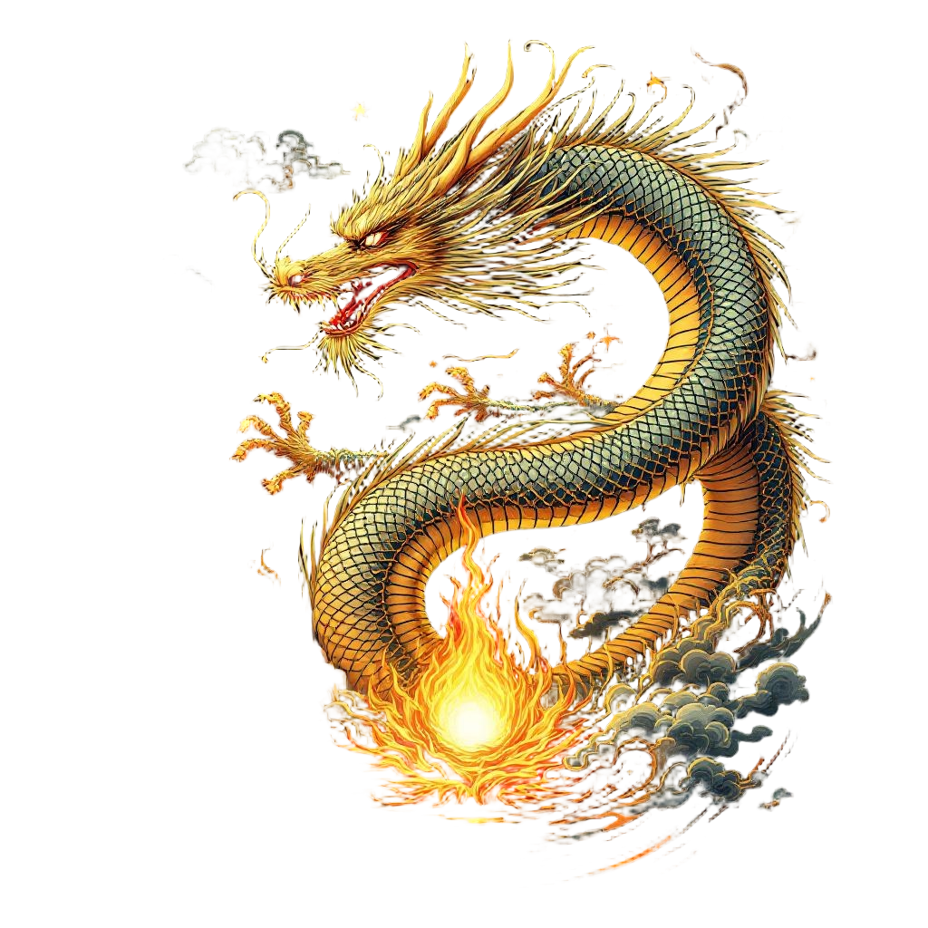A Chinese golden dragon chasing the pearl of wisdom, clouds and flames, imperial