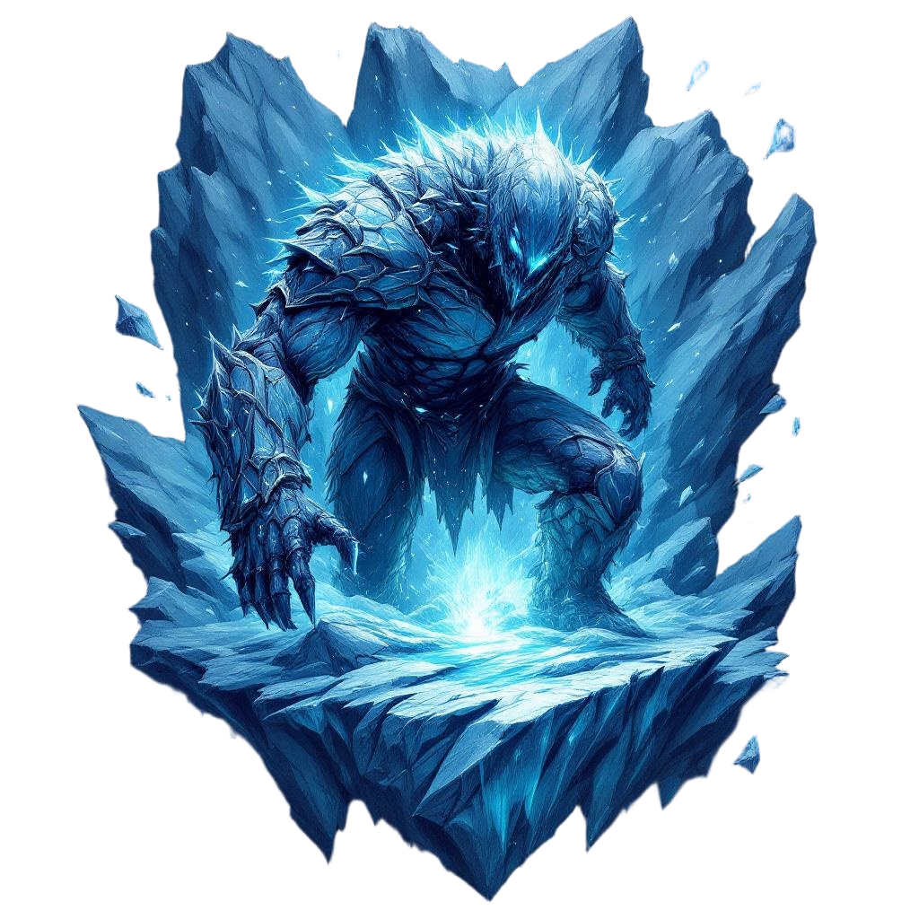 An ice golem emerging from a glacier, frozen armor, glowing blue core, winter's 