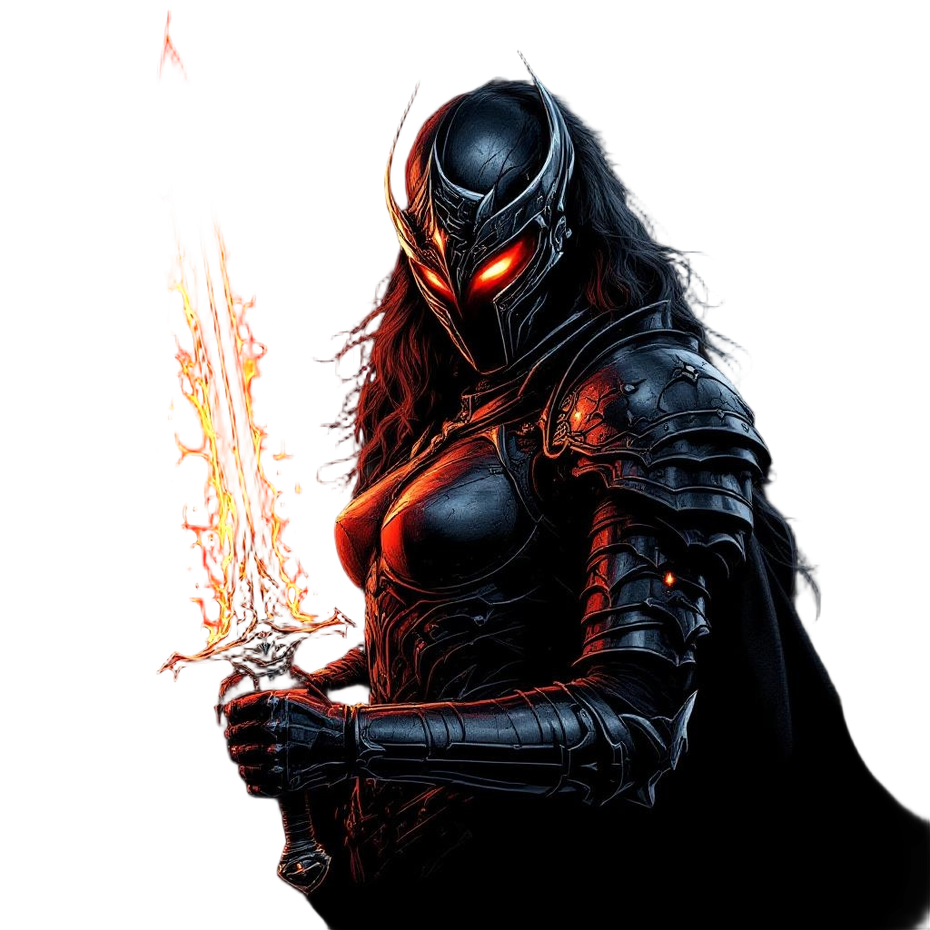 A female dark knight in ornate iron armor with glowing red visor, sword of dark 