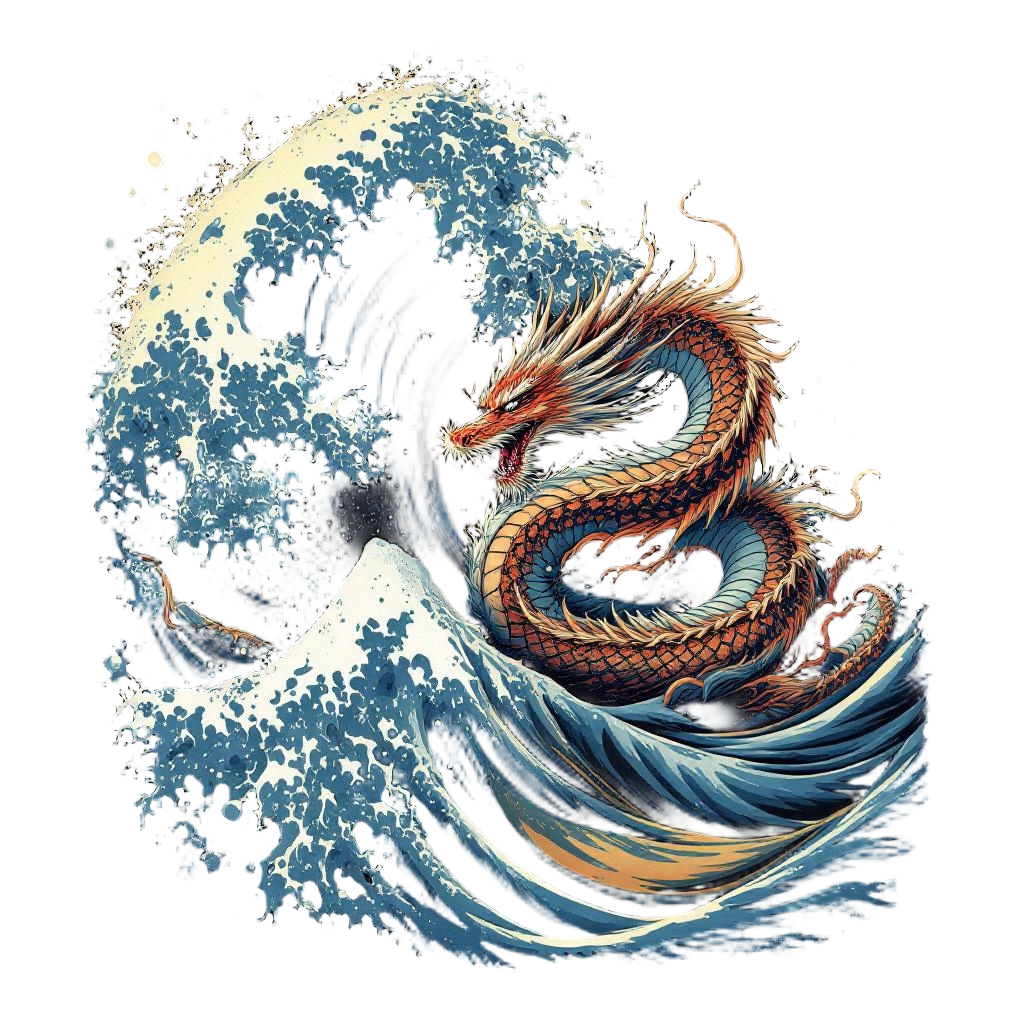 A dragon emerging from a great wave in Hokusai ukiyo-e style, traditional Japane