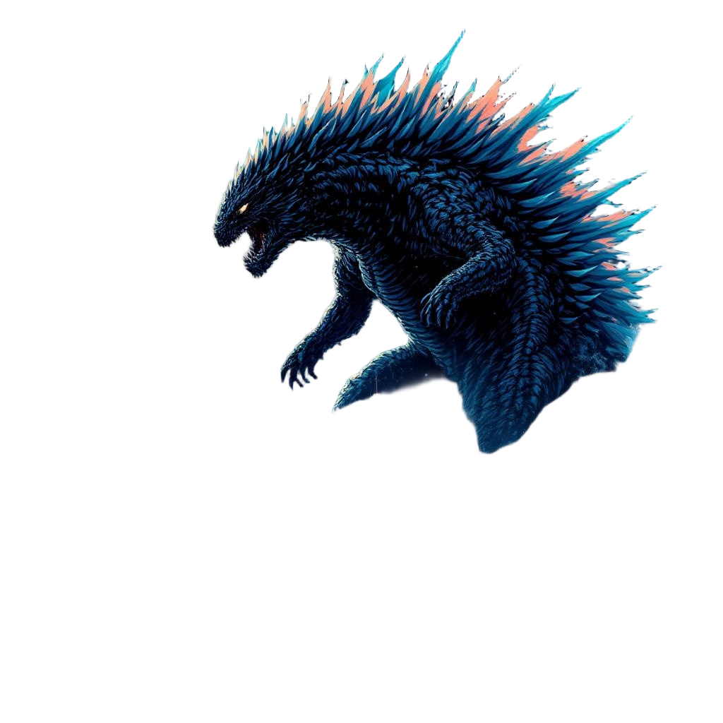 A massive kaiju emerging from the ocean approaching a city skyline at night, tid