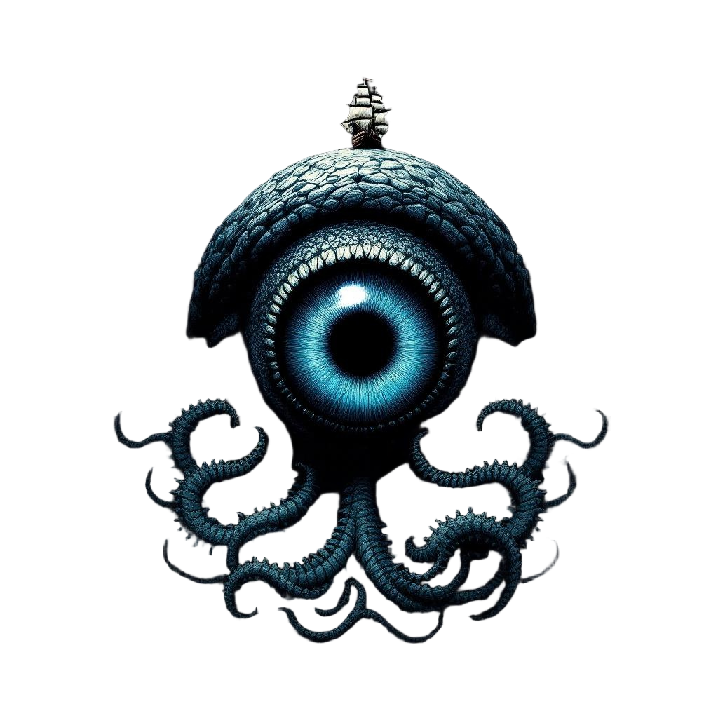 A single massive kraken eye staring up from the deep ocean, a tiny ship silhouet