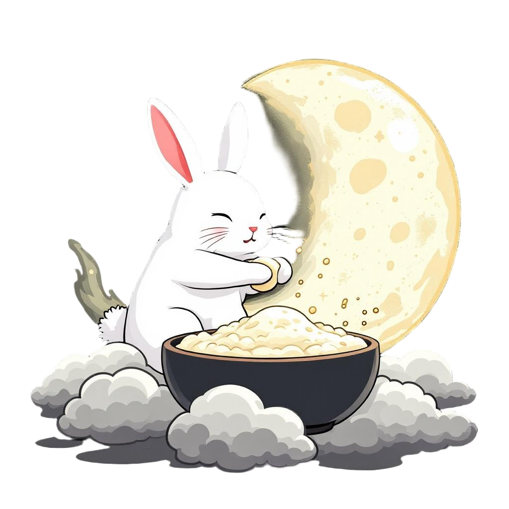 The Japanese moon rabbit (tsuki no usagi) pounding mochi on the moon, cute folkl