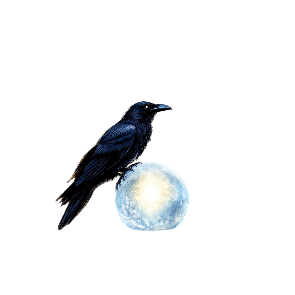 A raven perched on a crystal ball showing the future, mystical divination bird, 