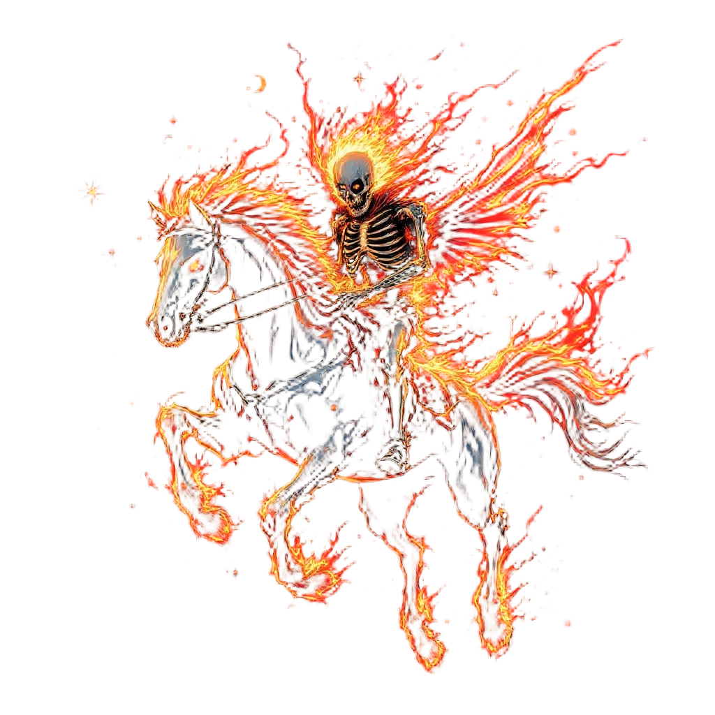 A flaming skeleton riding a nightmare horse through the night sky, ghost rider a