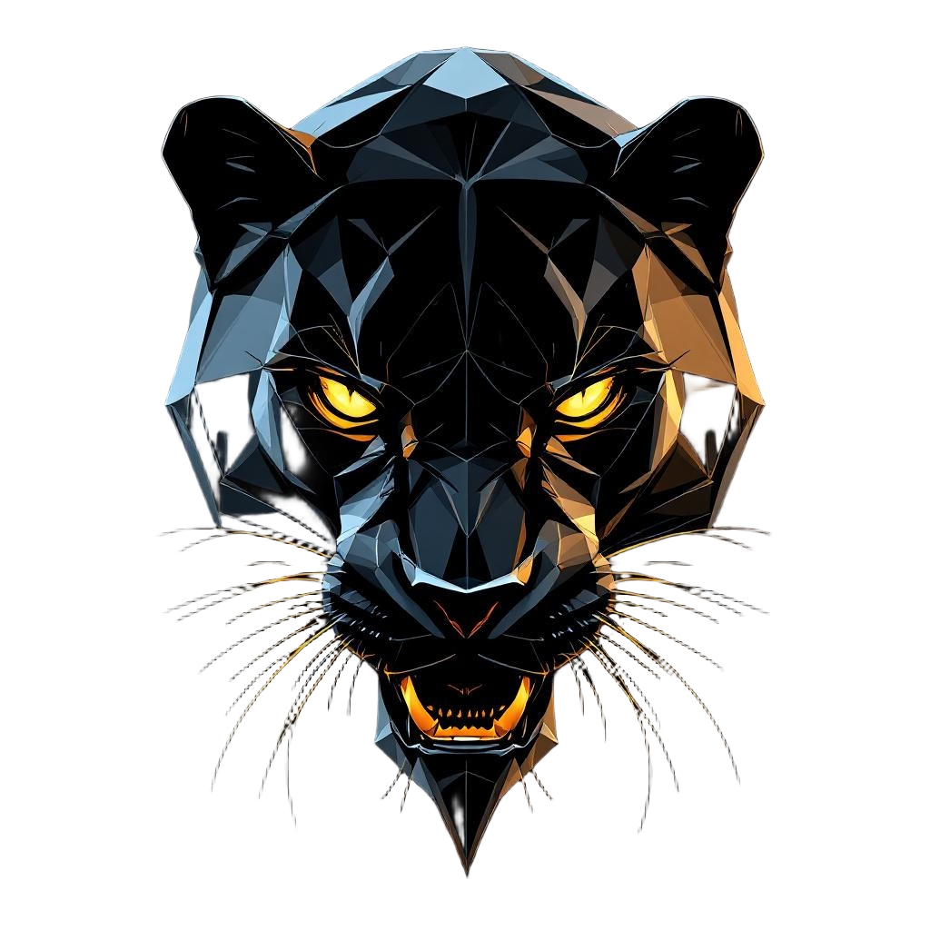 A panther made of obsidian glass, sharp angular edges, eyes of molten gold, shad