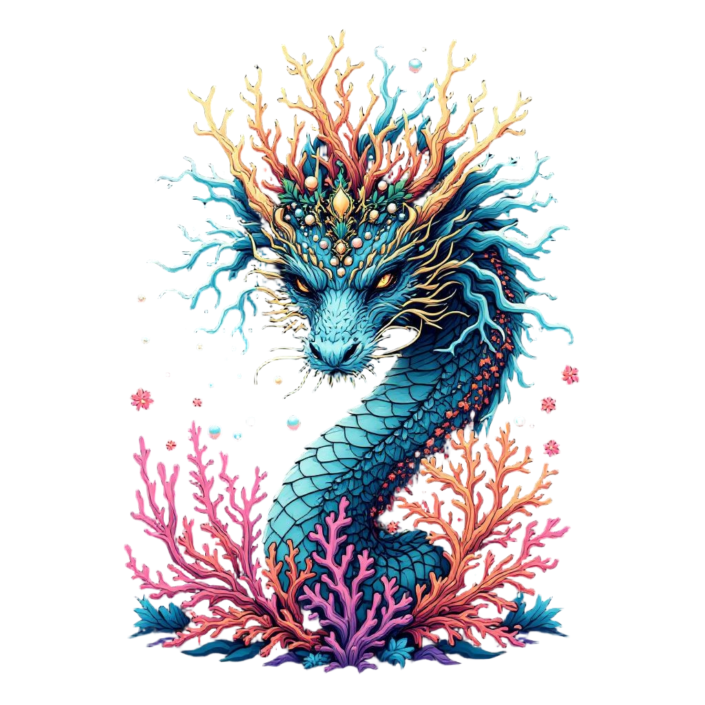 A sea dragon with a crown of living coral and pearls, kelp mane, ruler of the de