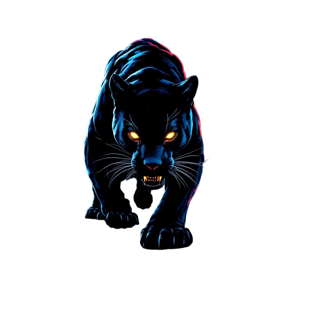 A black panther prowling through neon-lit city streets at night, cyberpunk preda