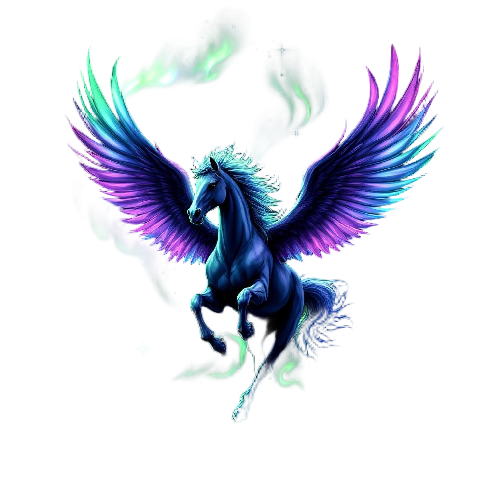 A Pegasus flying through the northern lights aurora, wings catching the green an