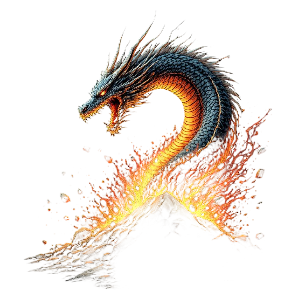 A dragon bursting from the earth, ground shattering, rocks and magma flying, ear