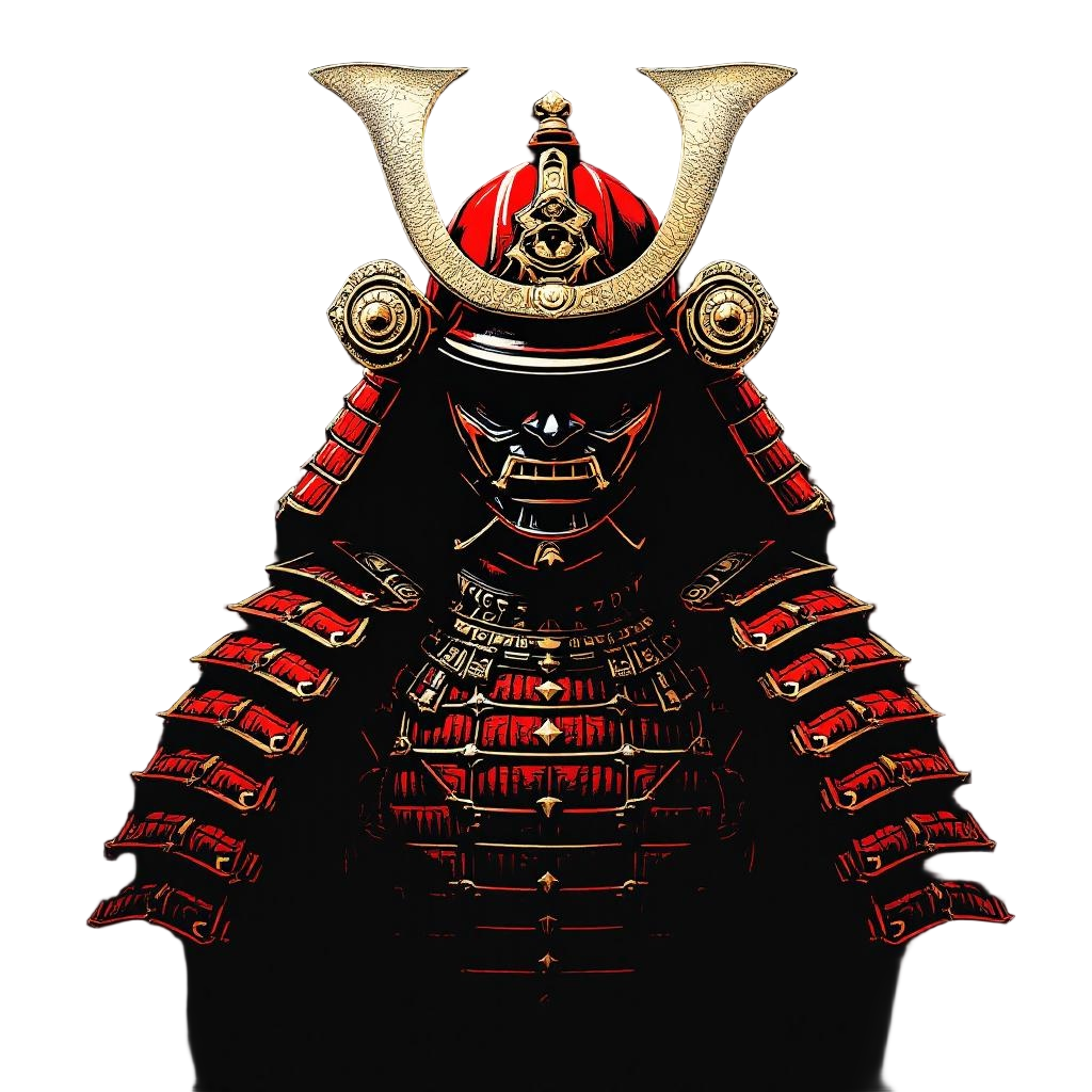 A samurai in magnificent red armor with gold trim, dramatic kabuto helmet, perfe
