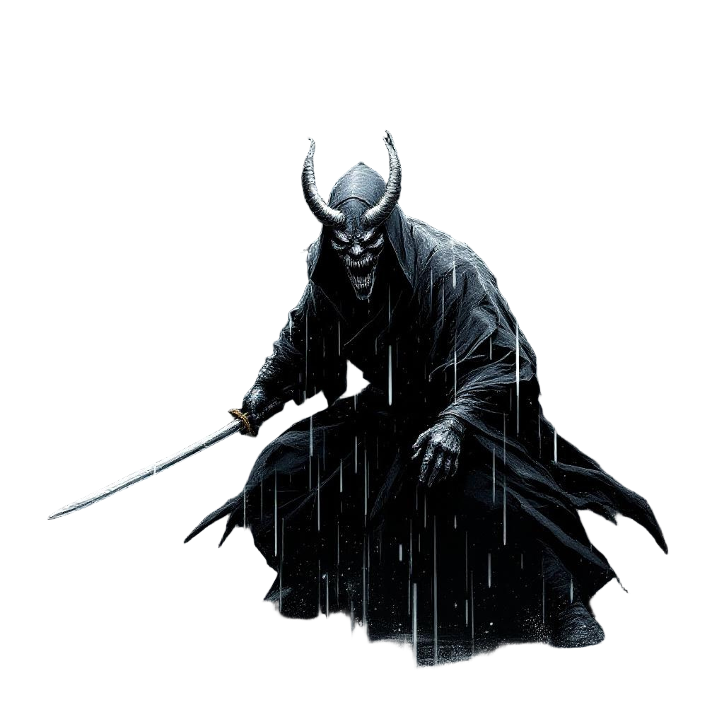 A ronin wearing a demon hannya mask in pouring rain, katana drawn, fearsome lone