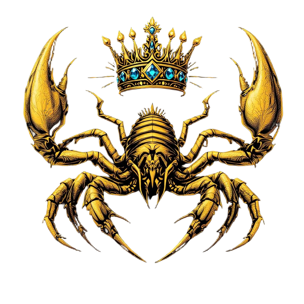 A golden emperor scorpion with a jeweled crown, desert ruler, deadly royalty, on