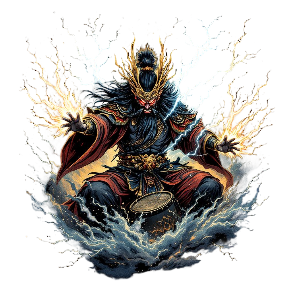 Raijin the Japanese thunder god surrounded by his thunder drums, lightning crack