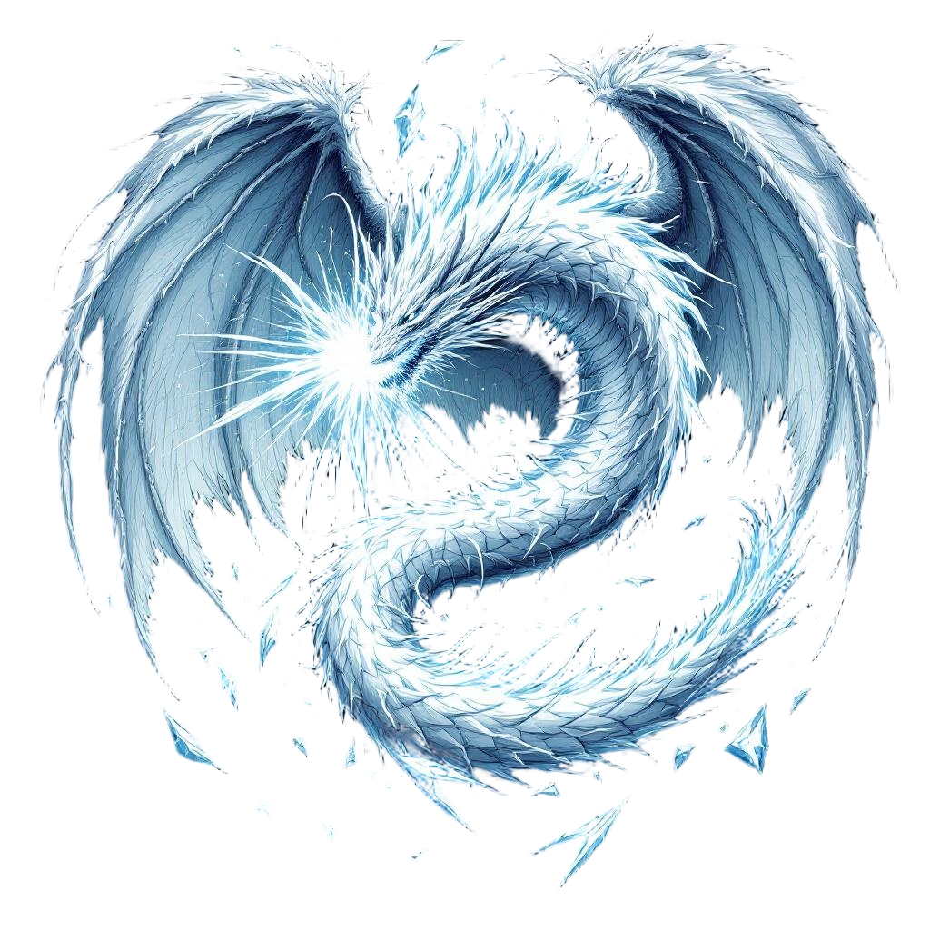 A massive white dragon unleashing an epic ice breath attack, freezing everything
