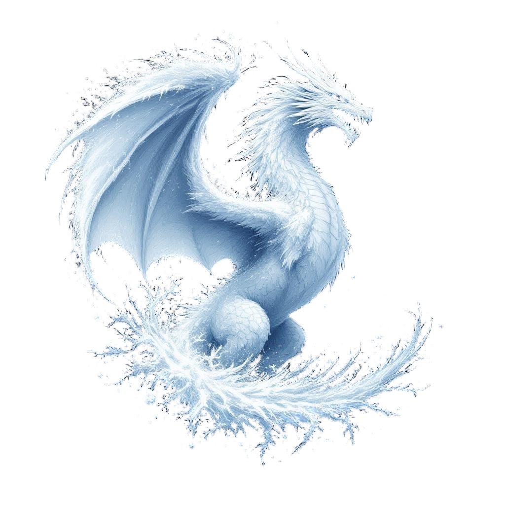 A white dragon creating a blizzard with each wing beat, ice crystals forming, wi