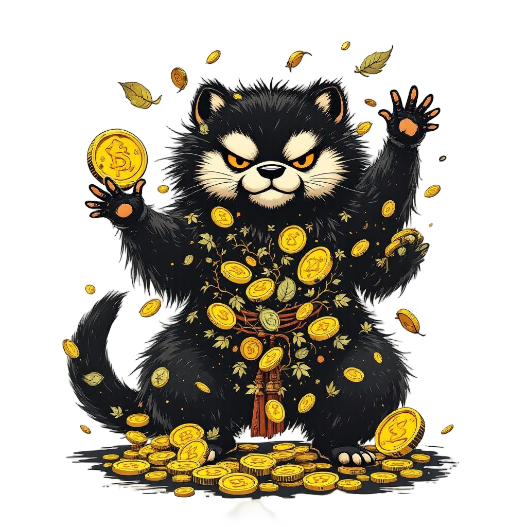 A tanuki yokai mid-shapeshift, surrounded by leaves turning into gold coins, Jap