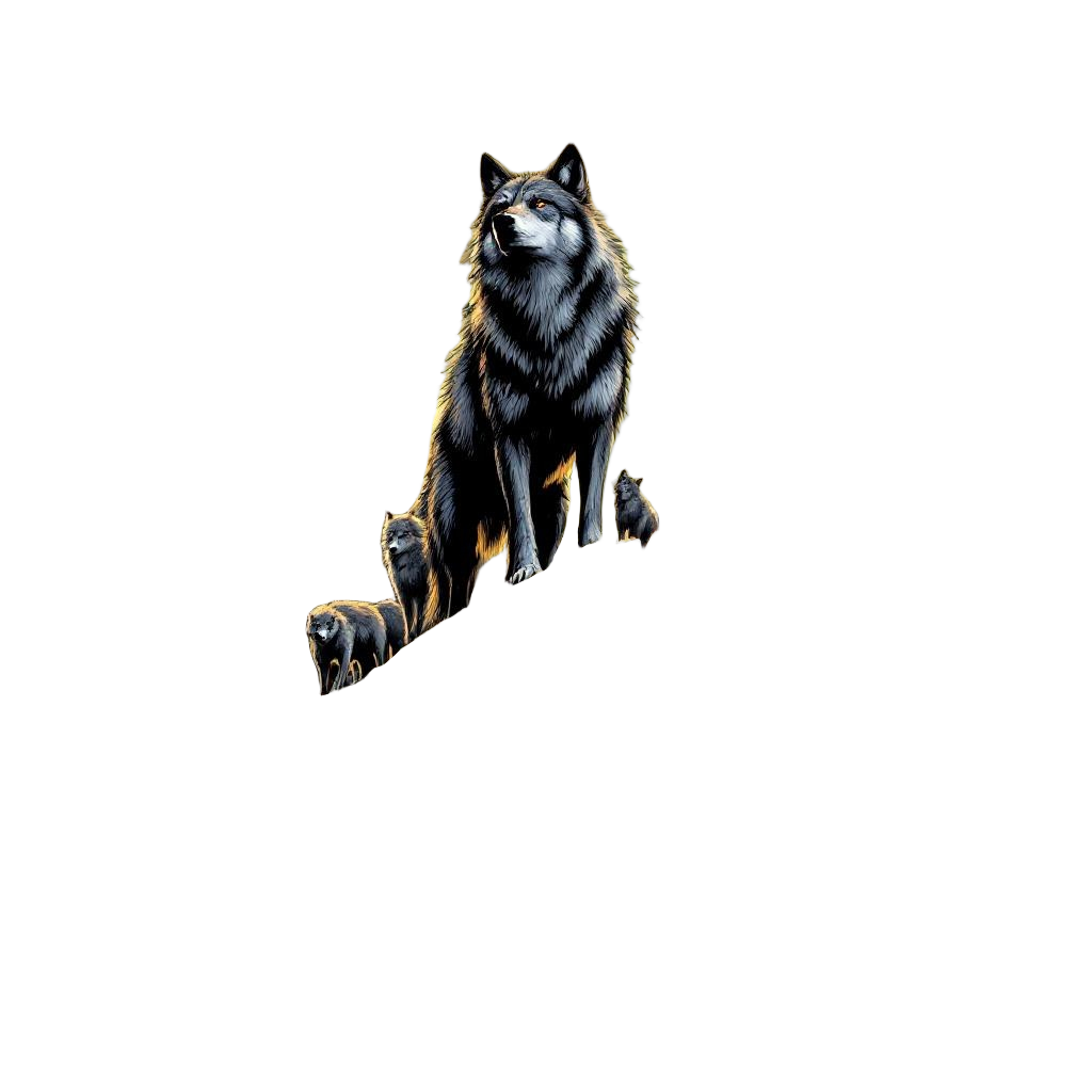 An alpha wolf with battle scars standing on a cliff, pack behind, full moon abov