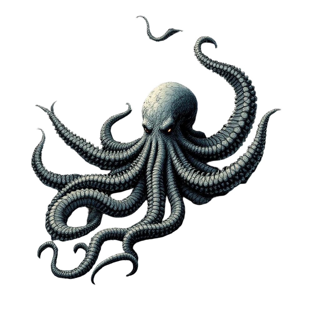 A kraken lurking in a ship graveyard, hundreds of sunken vessels, tentacles coil