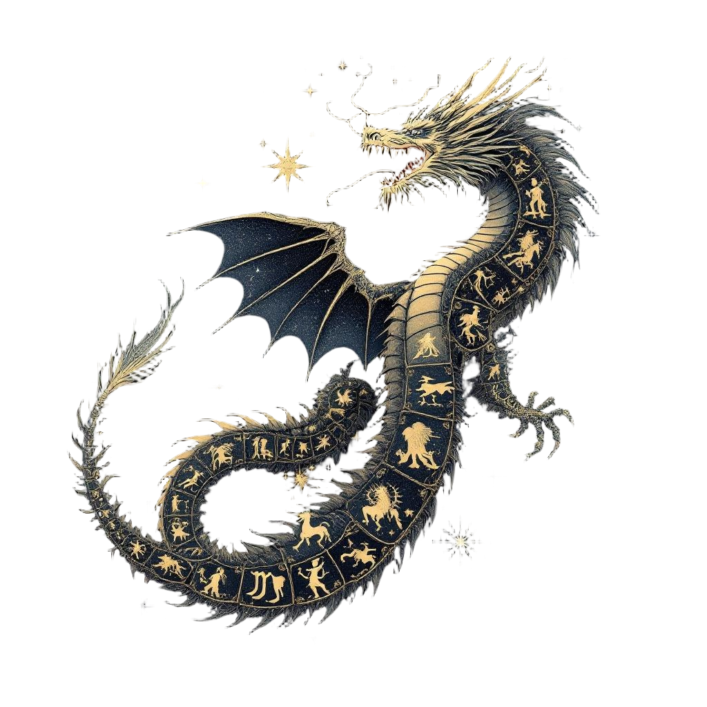 A dragon with scales containing all 12 zodiac signs, celestial cosmic dragon, ma