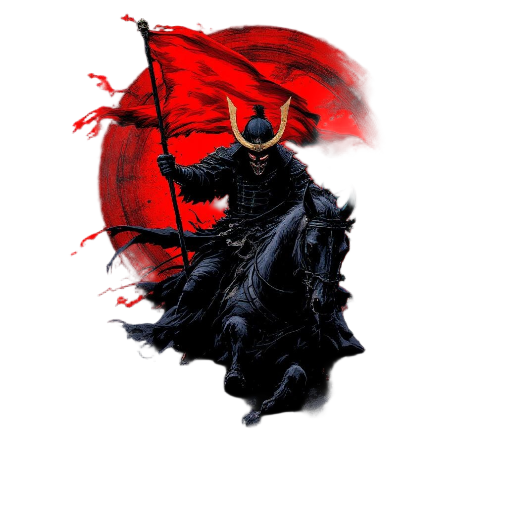 A dark samurai wearing an oni mask riding into war, black armor, red war banner,