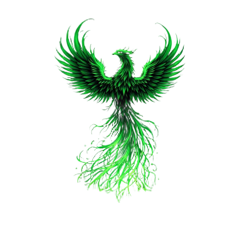 A green emerald phoenix rising from a forest fire, nature's rebirth cycle, envir