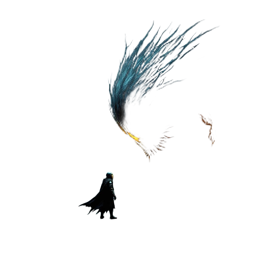 A small knight with a hollow mask facing an enormous abyss creature, courage vs 