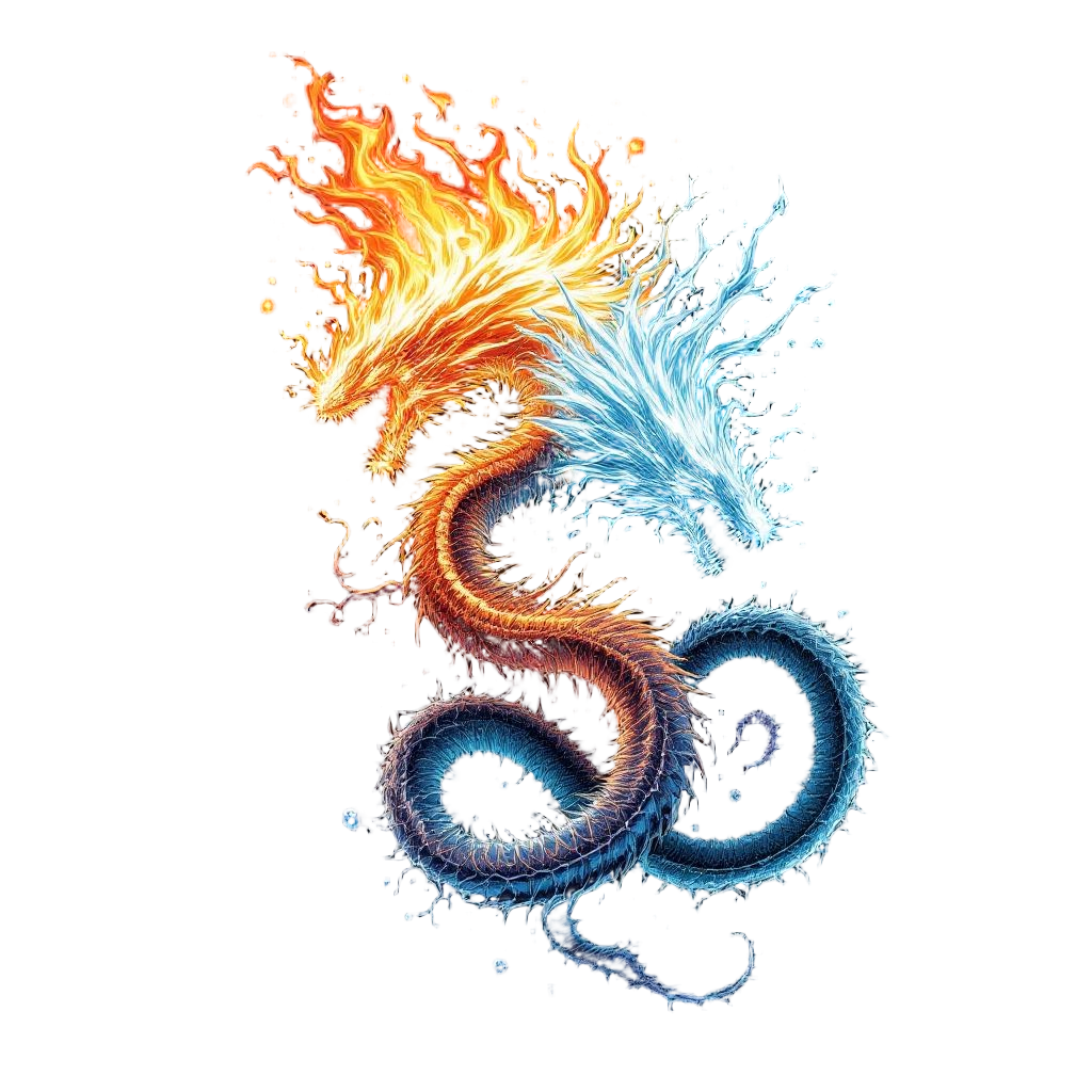 A hydra with alternating fire and ice heads, opposing elements in one creature, 