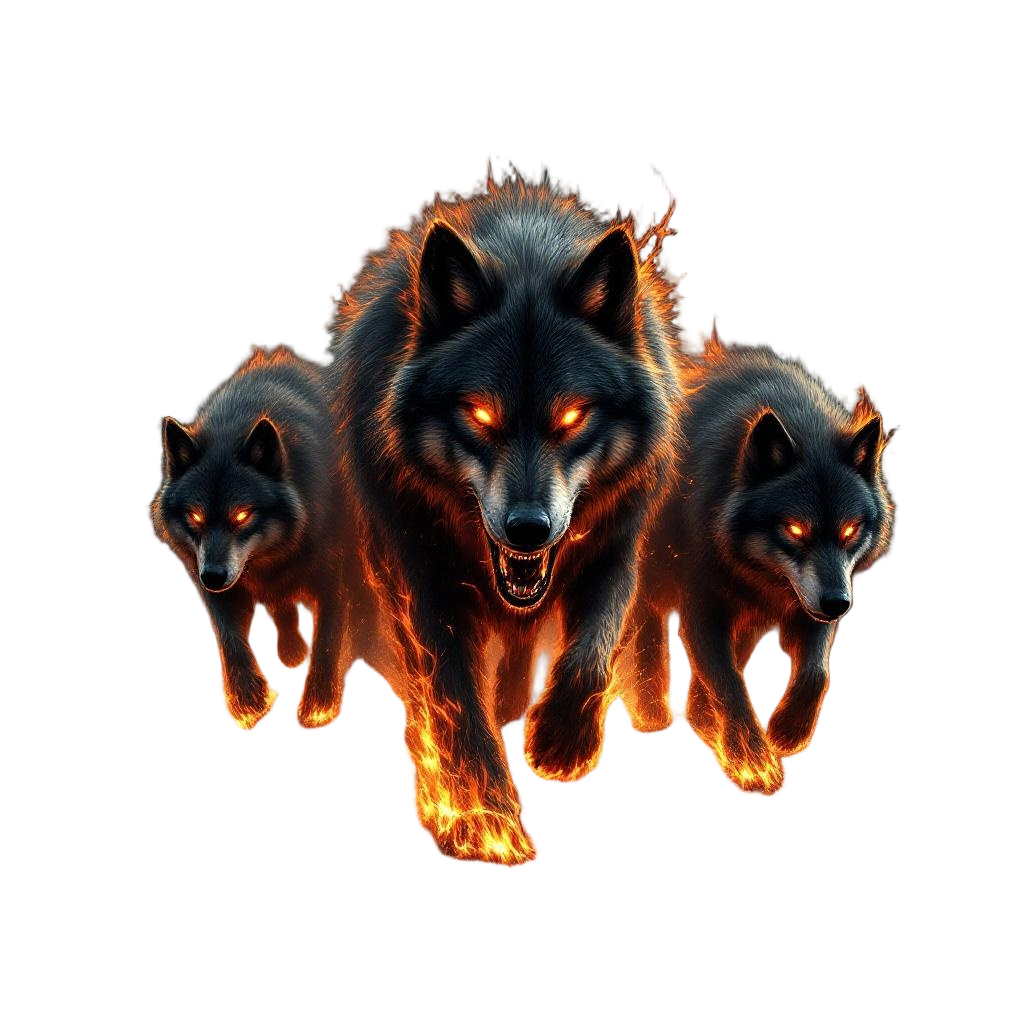A pack of wolves made of hellfire running through darkness, alpha leading with b