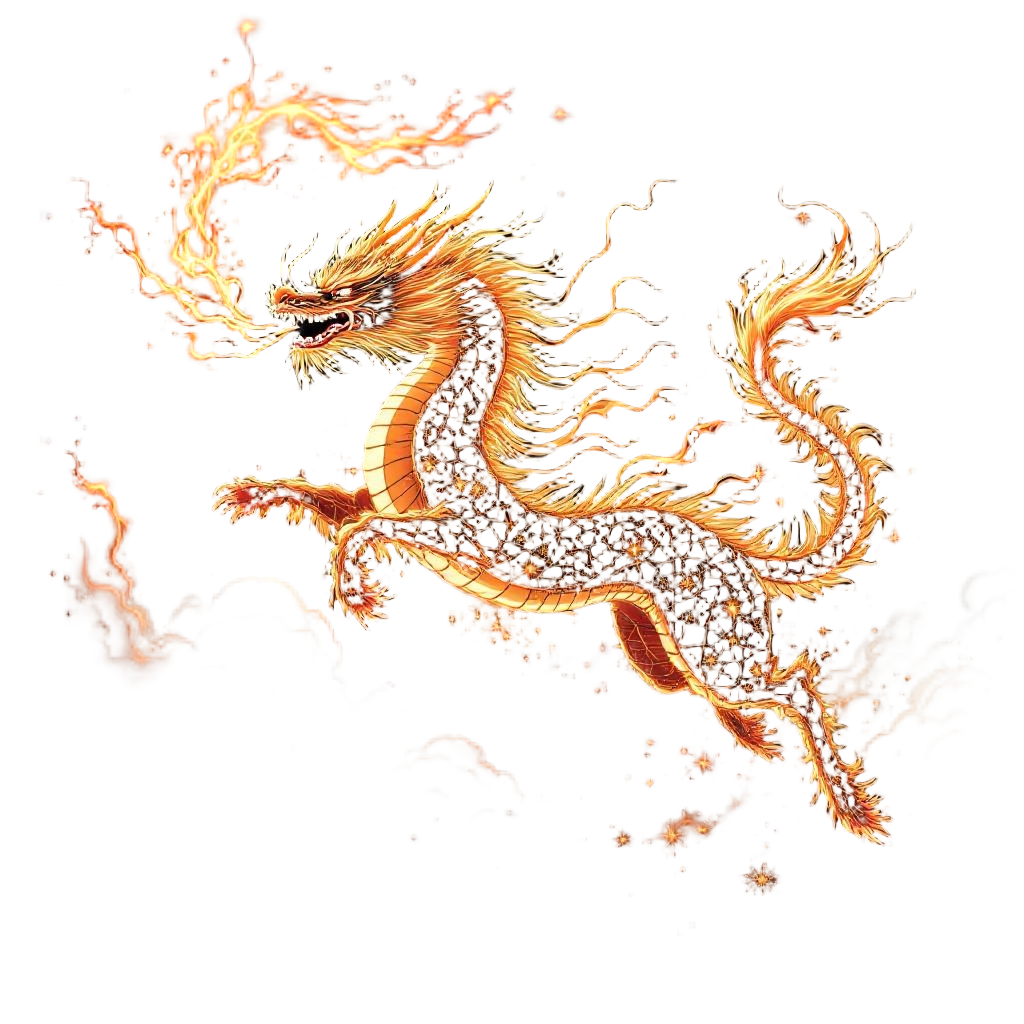 A Chinese kirin (qilin) running across the sky leaving trails of celestial fire,