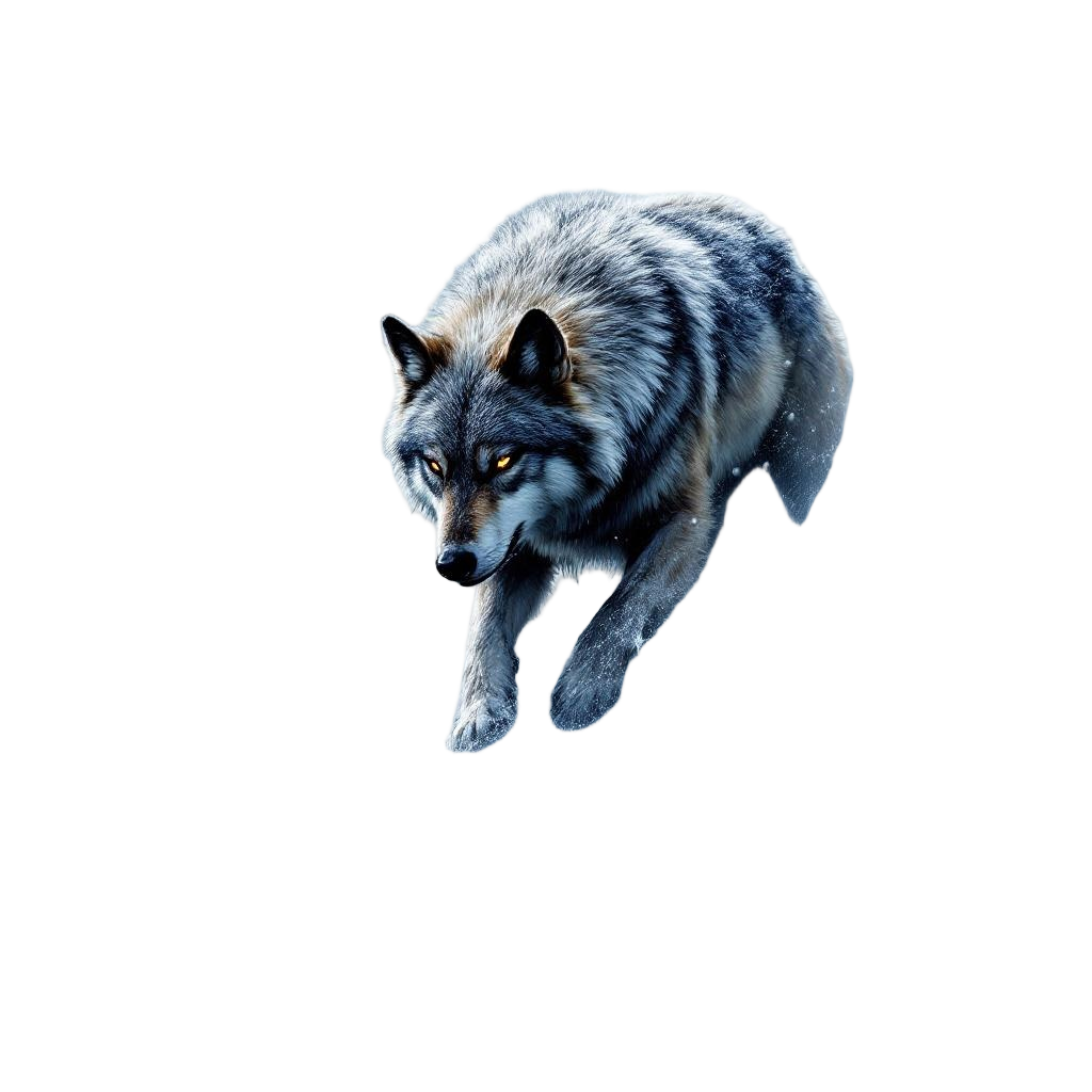 A lone wolf pushing through a devastating blizzard, ice on fur, determination in