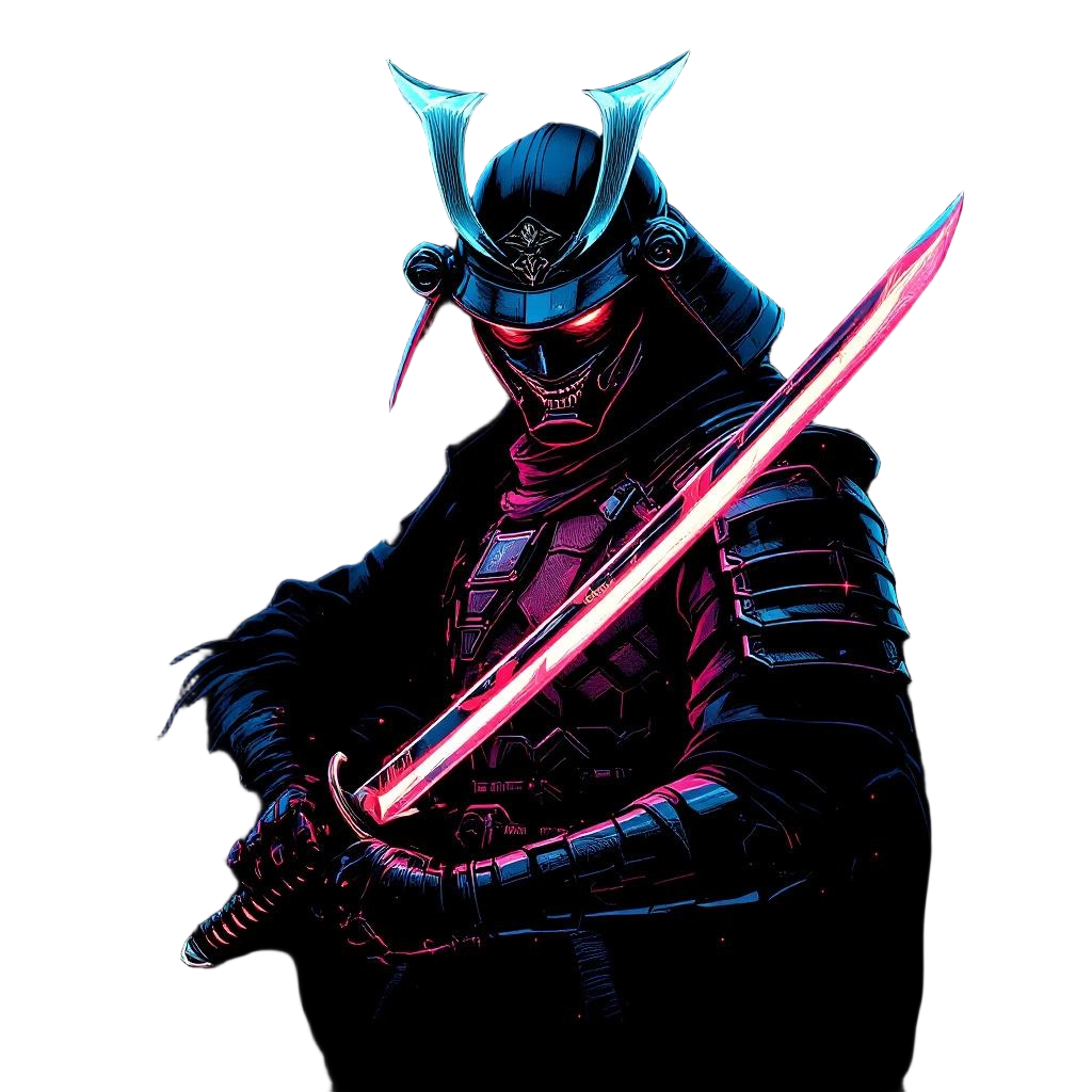 A cyberpunk samurai with a neon-edged katana, holographic armor, futuristic bush