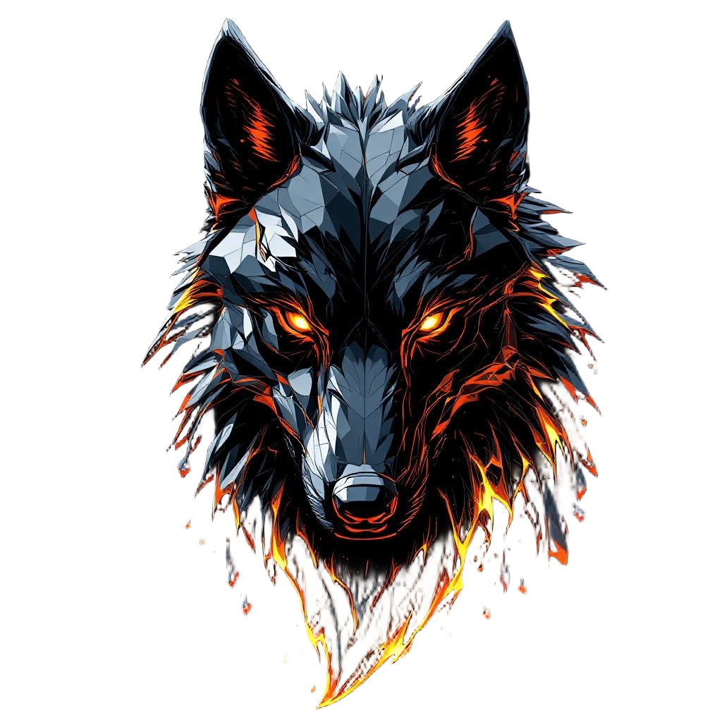 A wolf sculpted from volcanic obsidian glass, sharp edges, internal magma glow, 
