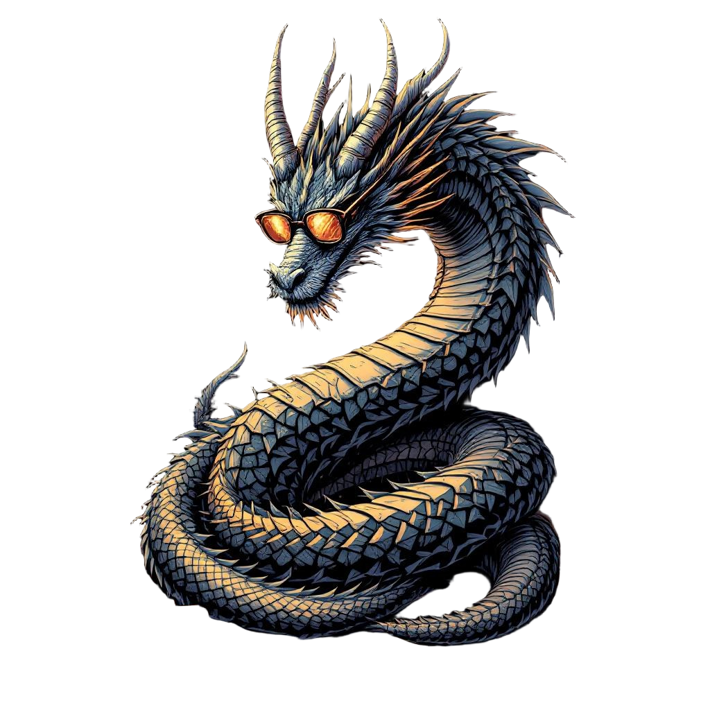 An ancient dragon coiled in a library of scrolls, glasses perched on nose, keepe